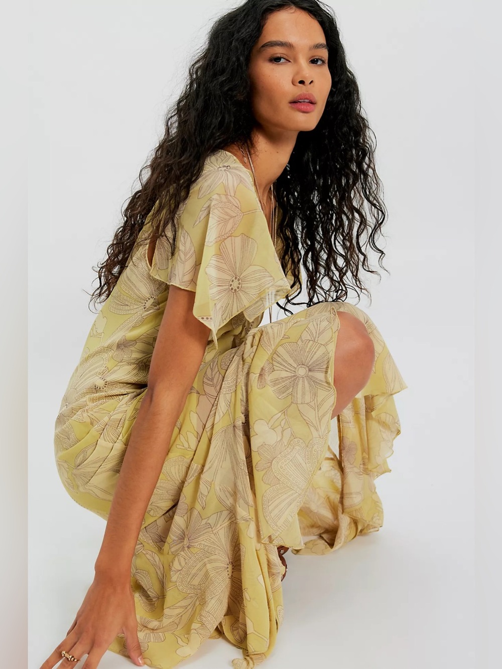 NWT Free People Flowy Yellow Floral Midi Dress